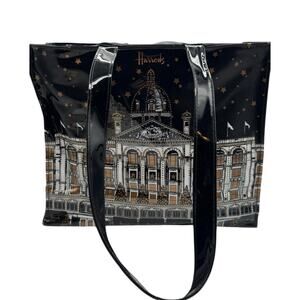 Harrods London Christmas Emporium Shopper Tote Bag Vinyl PVC Black Gold 14"x12"